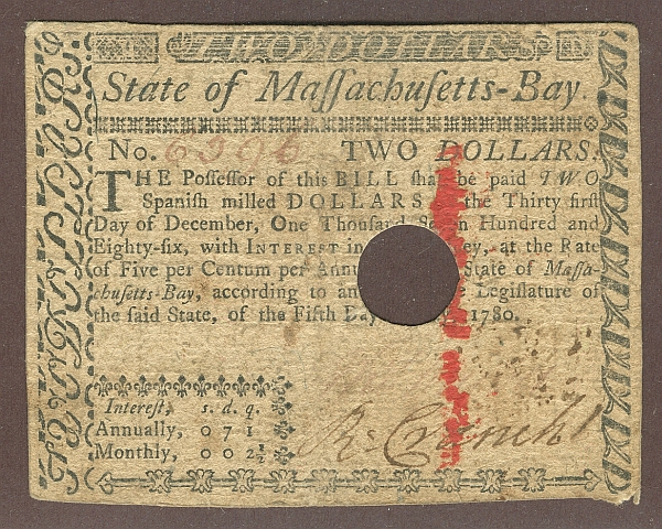 Massachusetts $2, May 5, 1780, VF/XF